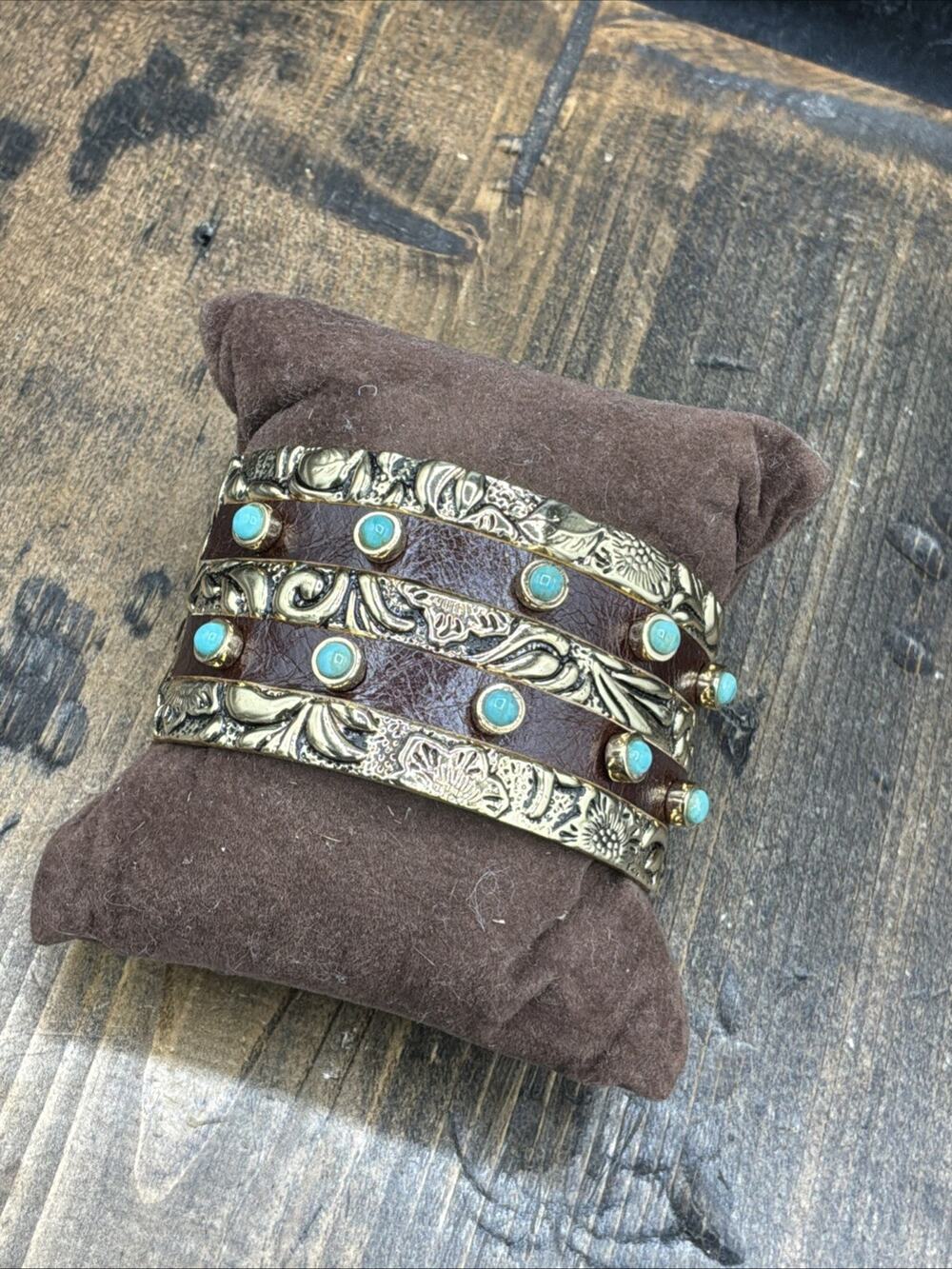 Barse Doric Wide Cuff Bracelet-Turquoise-Bronze- Leather-NWT